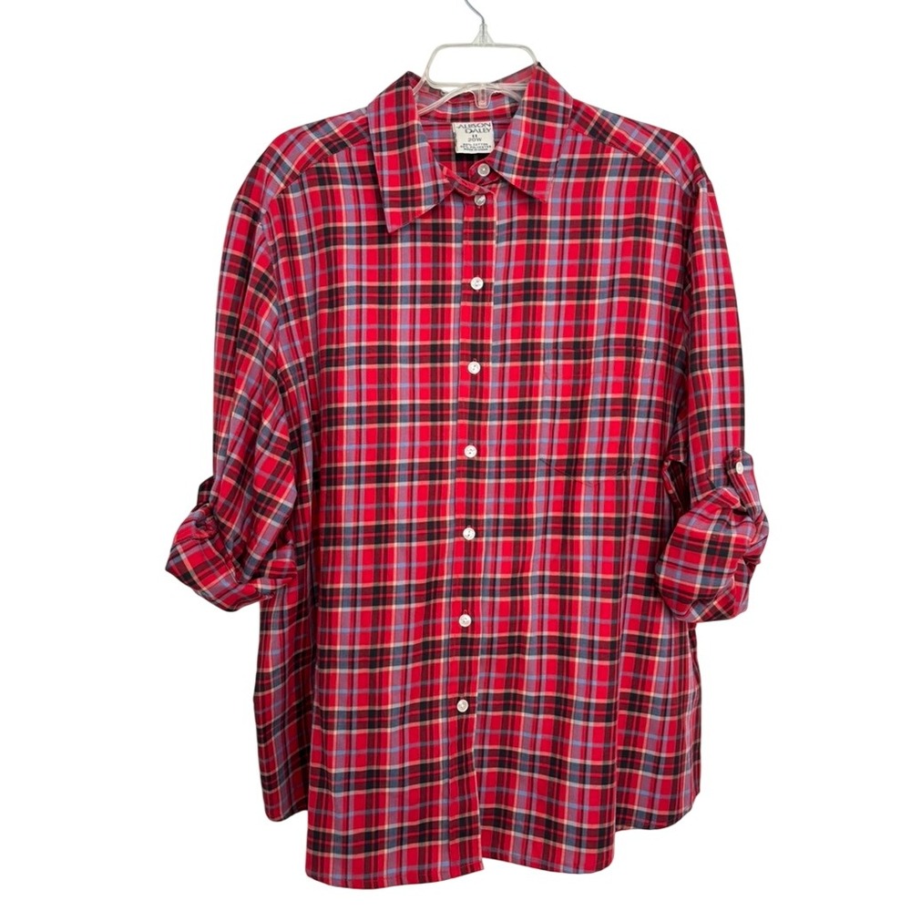 Allison Daley Plaid Button Down Women 20W Red Excellent Roll Tab Sleeve Shirt